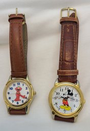 Lot Of 2 Vintage Watches ~ Sesame Street 'ELMO' ~ Disney Mickey Mouse ~ Both Work