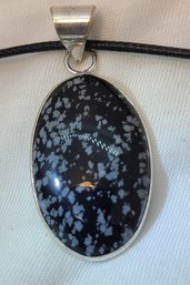 Beautiful Silver Plated Snowflake Obsidian Pendant On A Rope Chain