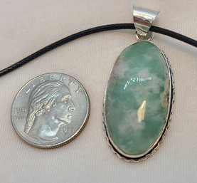 Beautiful Milky Chrysoprase Stone Set In Silver Plate With Rope Necklace