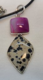 Stunning Silver Plated Dalmatian Jasper And Pink Lace Pendant On A Rope Necklace