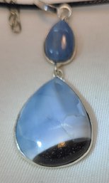 Fabulous Silver Plated Blue Opal Pendant On A Rope Necklace