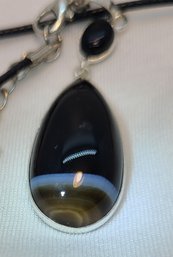 Attractive Silver Plated Banded Agate Pendant On A Rope Necklace