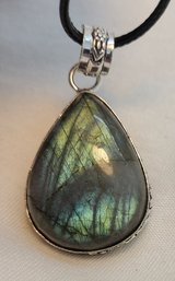 Silver Plated Labradorite Pendant On A Rope Necklace