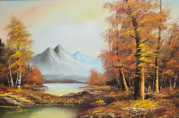 Vintage Autumn Mountain River Scene Oil Painting