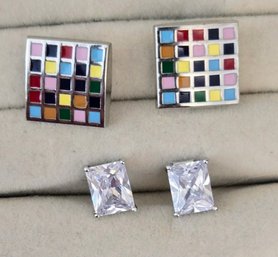 2 Gorgeous Pairs Of Vintage Earrings - Crystal Solitaire And Mosaic Tile