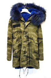 Jazzevar Women's Camouflage Winter Parka: Blue Lamb Fur Liner With Removable Fur Hood Size M