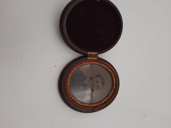 Antique Oval Gutta Percha Photo Case With Original Tin Type Photograph Of A Gentleman