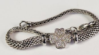 Sterling Silver Four Leaf Clover Studded Woven Mesh Chain Link Bracelet