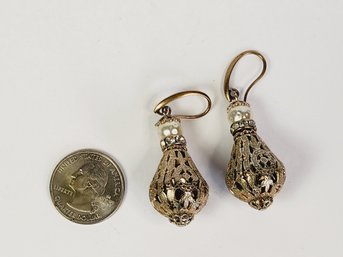 Vintage Silver Tone Victorian Fillagree Tear Drop Hanging Earrings