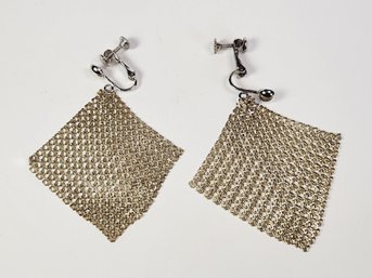 Vintage  Clip On Mesh  Silver Tone Liquid Metal  Soft Square 2 Sided Dangly Hanging Earrings