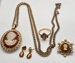 Vintage Cameo Pendant Necklace, Earrings, Brooch & Ring Set