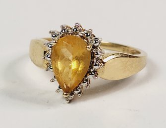 Spectacular  14k Yellow Gold Diamond And Citrine Pear Cut Ring