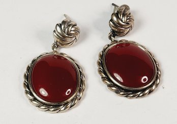 Vintage Sterling Silver Red Carnelian Hanging Oval  Earrings