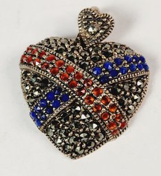 Vintage 925 Sterling Silver  1' Heart  Marcasite Blue Lapis & Red Tourmaline Studded Pendant