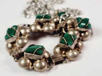 Amazing.....Vintage Sterling Silver Green Malachite Stone Heavy Necklace