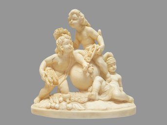 Vintage A. Santini Three Cherubs Sitting On World Holding Cornucopia Statue