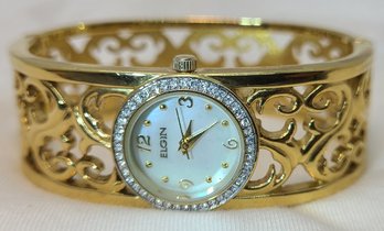 Elgin Womans Gold Tone Bangle Watch Mother Of Pearl Face