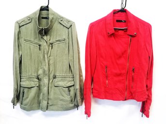 Military Green Drawstring Waist & Red 'Moto' Military Style Cropped Jackets By MAX Size S