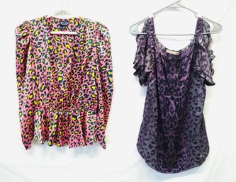 Rebecca Taylor Purple And Black Silk Top & Scoop Pink Leopard Print Top Size Small