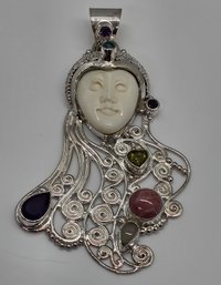 Sajen Silver, Carved Bone, Multi-Gemstone Pendant In Platinum Over Sterling