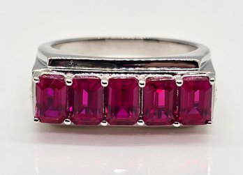 Red Ruby, White Zircon, Rhodium Over Sterling Men's Ring