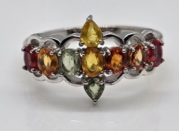 Multi-Color Sapphire, Rhodium Over Sterling Ring