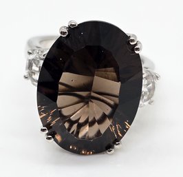 Concave Cut Brazilian Smoky Quartz, White Topaz Ring In Platinum Over Sterling