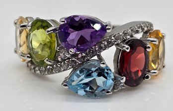 Multi-Gemstone Ring In Platinum Over Sterling