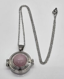 Rose Quartz Openable Pendant Necklace With Compass In Stainless Steel