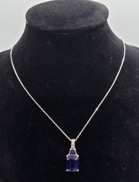 Blue Sapphire, White Topaz Pendant Necklace In Platinum Over Sterling