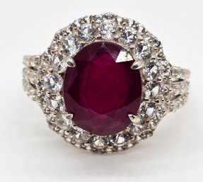 Red Ruby, White Topaz Double Halo Ring In Platinum Over Sterling