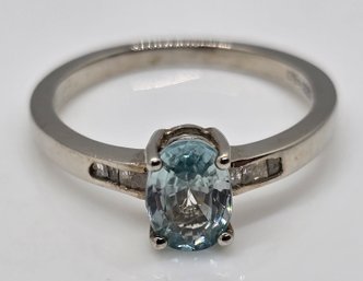 Blue Zircon & Diamond Ring In Platinum Over Sterling