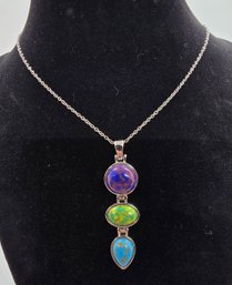 Purple, Blue & Green Turquoise Pendant Necklace In Stainless Steel