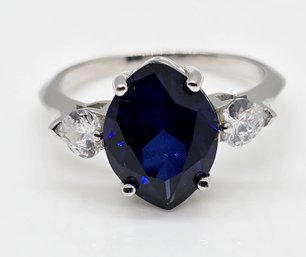 Blue Sapphire, White CZ, Rhodium Over Sterling Heart Ring