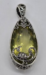 Bali, Green Gold Quartz Peacock Pendant In Sterling