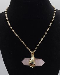 Rose Quartz Pendant Necklace In Gold Tone