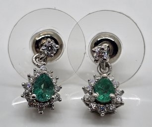 AAA Zambian Emerald & Moissanite Dangle Earrings In Platinum Over Sterling