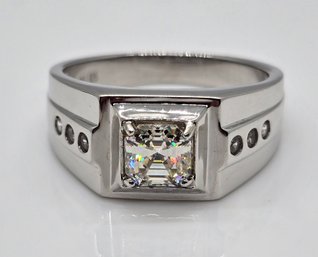 Awesome Strontium Titanate, White Zircon, Rhodium Over Sterling Mens Ring