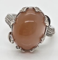 Peach Moonstone, White Zircon Ring In Platinum Over Sterling