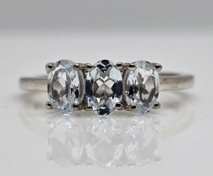 Aquamarine Three Stone Ring In Platinum Over Sterling