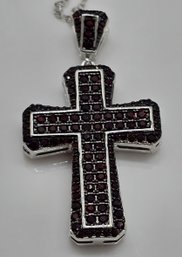 Garnet, White Zircon Reversible Cross Pendant Necklace In Rhodium Over Sterling