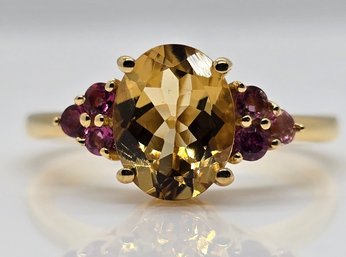 Premium Helidor & Rubelite Ring In Yellow Gold Over Sterling