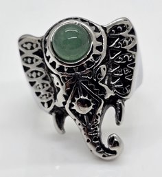 Green Aventurine Elephant Head Ring In Stainless Steel