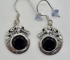 Thai Black Spinel Dragon Earrings In Sterling