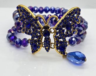 Blue Glass, Black And Blue Austrian Crystal Beaded Layered Butterfly Bracelet