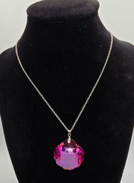 Simulated Fuchsia Color Quartz Pendant In Rhodium Over Sterling With Stainless Necklace