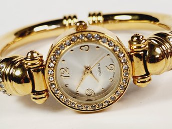 Retro Gold Tone Cuff Bracelet Studded Quartz Watch