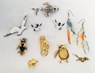 Mixed Lot Of Fashion Jewelry: Brooches, Pendants, Earrings & Scarf Ring