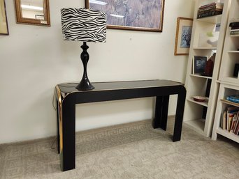 Vintage Modern Styled Black W/ Gold Trim & Glass Console Table