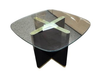 Vintage Modern Styled Black W/ Gold Trim & Glass End Table